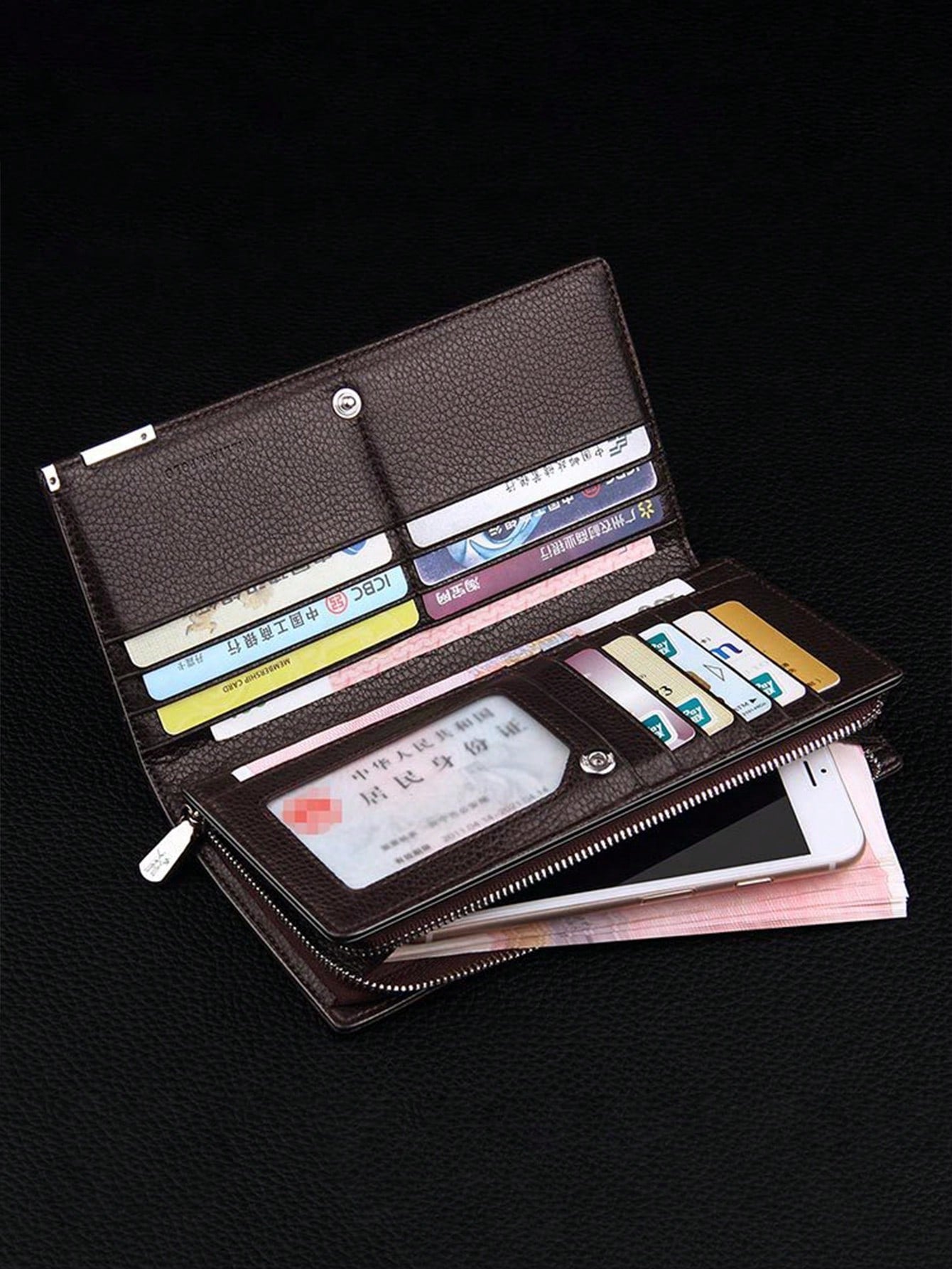 1pc Men's Stylish Business Long Multi-card Zipper Closure Clutch Black Wallet