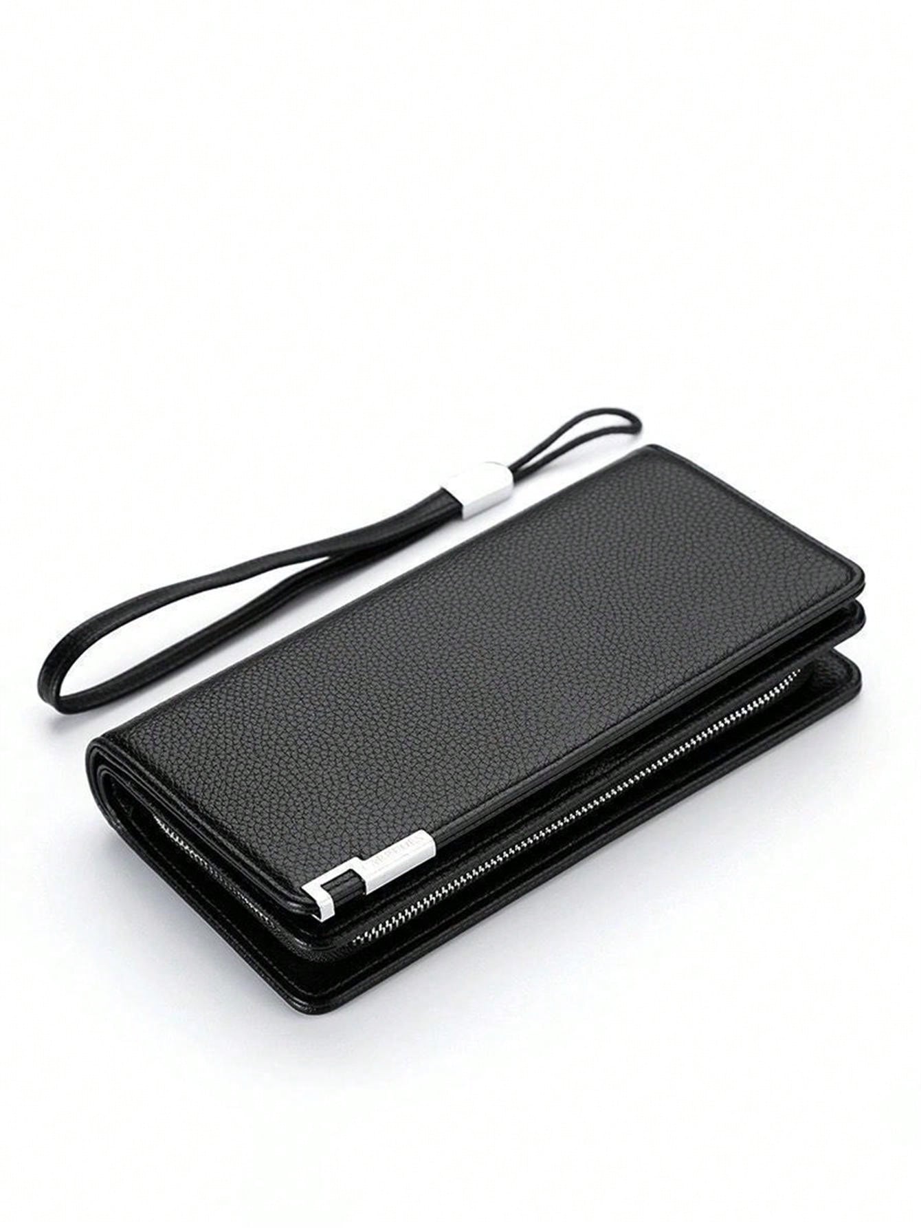 1pc Men's Stylish Business Long Multi-card Zipper Closure Clutch Black Wallet