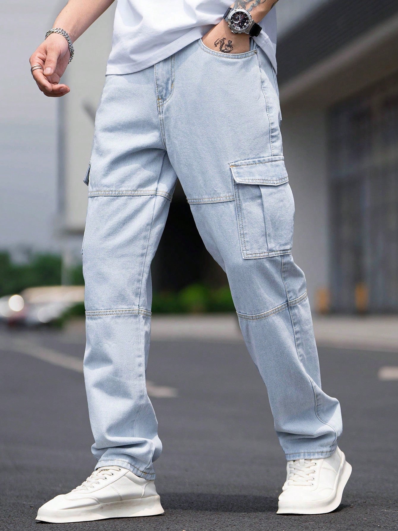 Manfinity Men'S Casual Cargo Denim Jeans