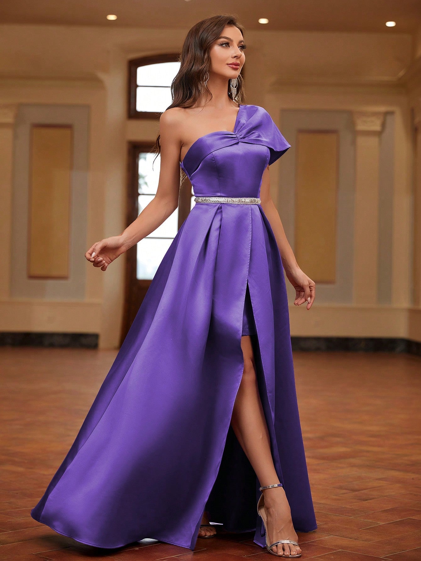 Belle One Shoulder Wrap Hem Satin Formal Dress