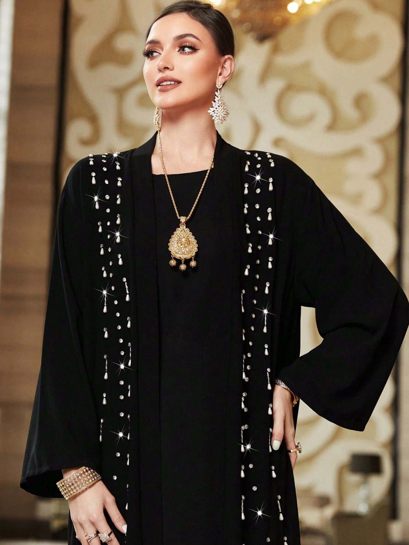 Najma 2pcs/set Rhinestone Decorated Abaya And Solid Color Dress