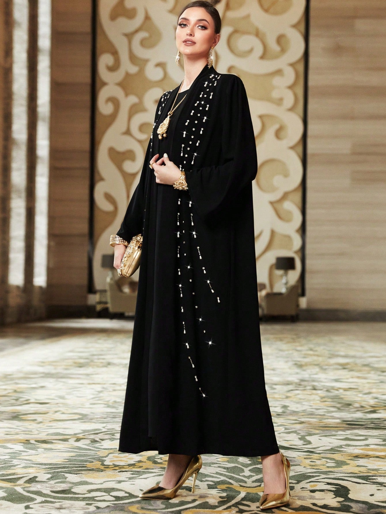 Najma 2pcs/set Rhinestone Decorated Abaya And Solid Color Dress