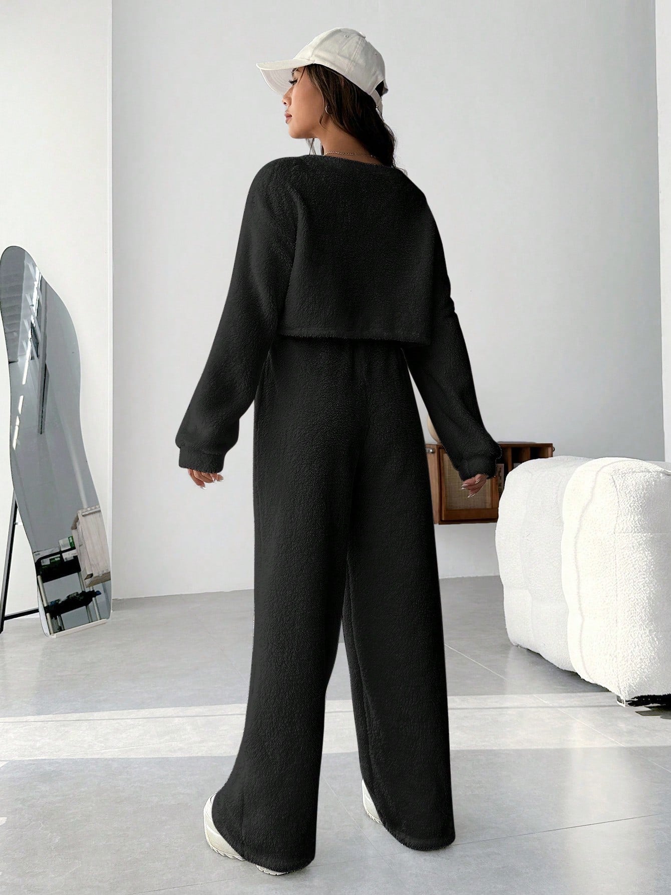 EZwear Plush V-neck Oversized Top And Pants Set