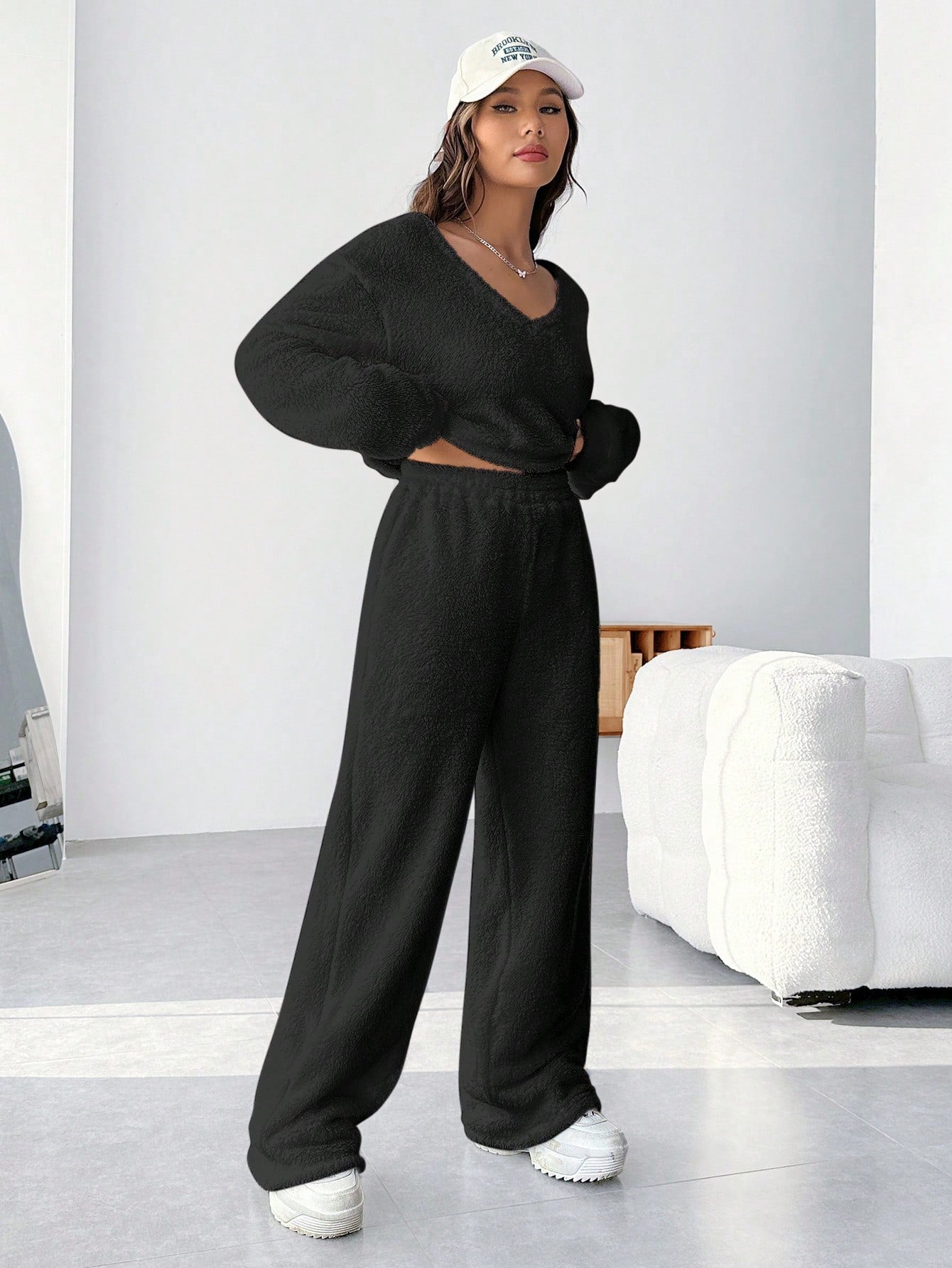 EZwear Plush V-neck Oversized Top And Pants Set