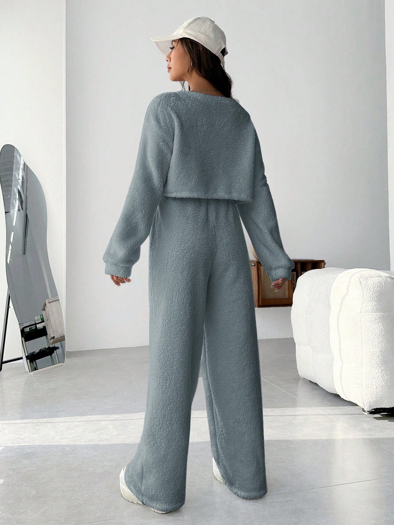 EZwear Plush V-neck Oversized Top And Pants Set