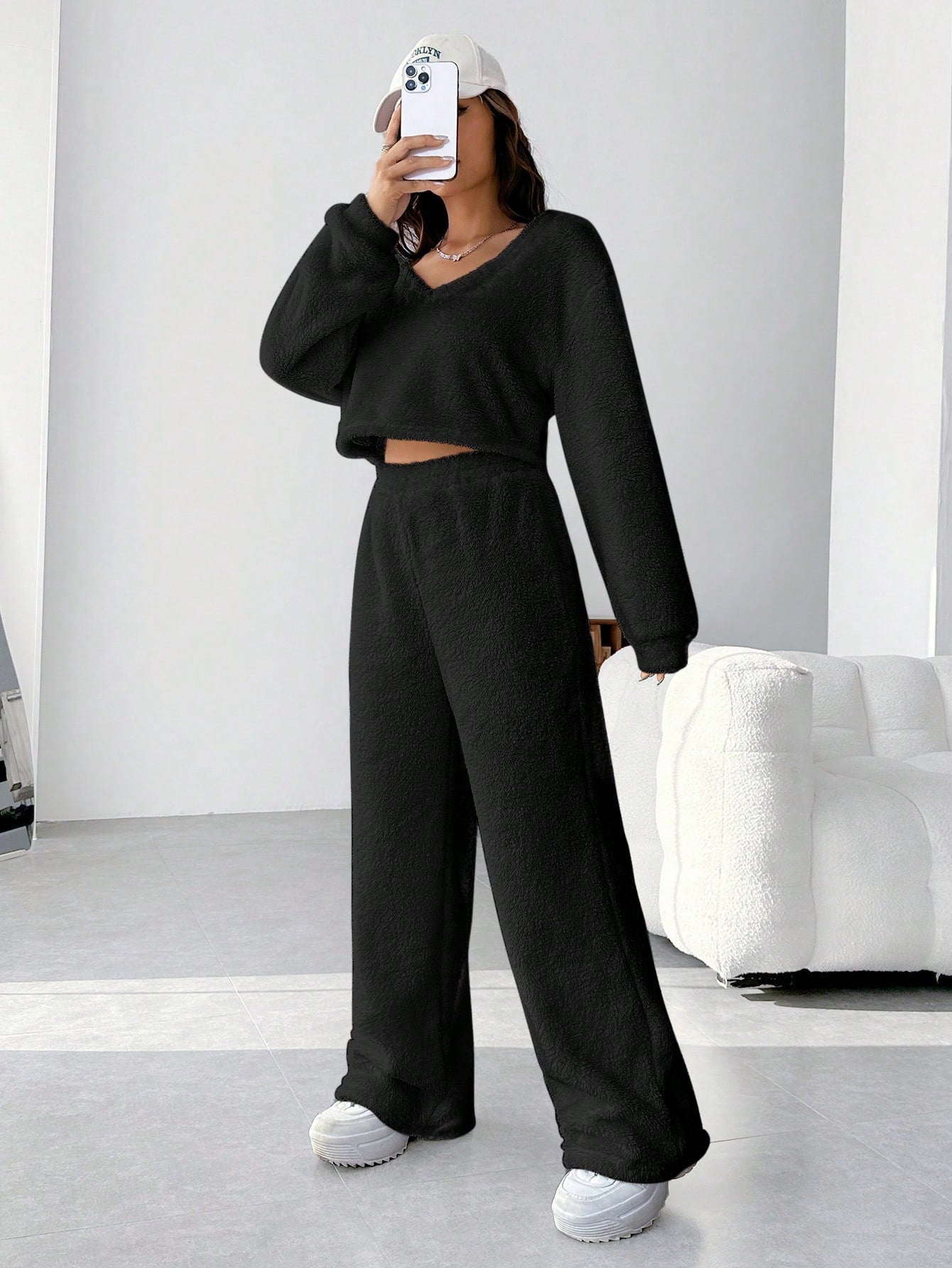 EZwear Plush V-neck Oversized Top And Pants Set