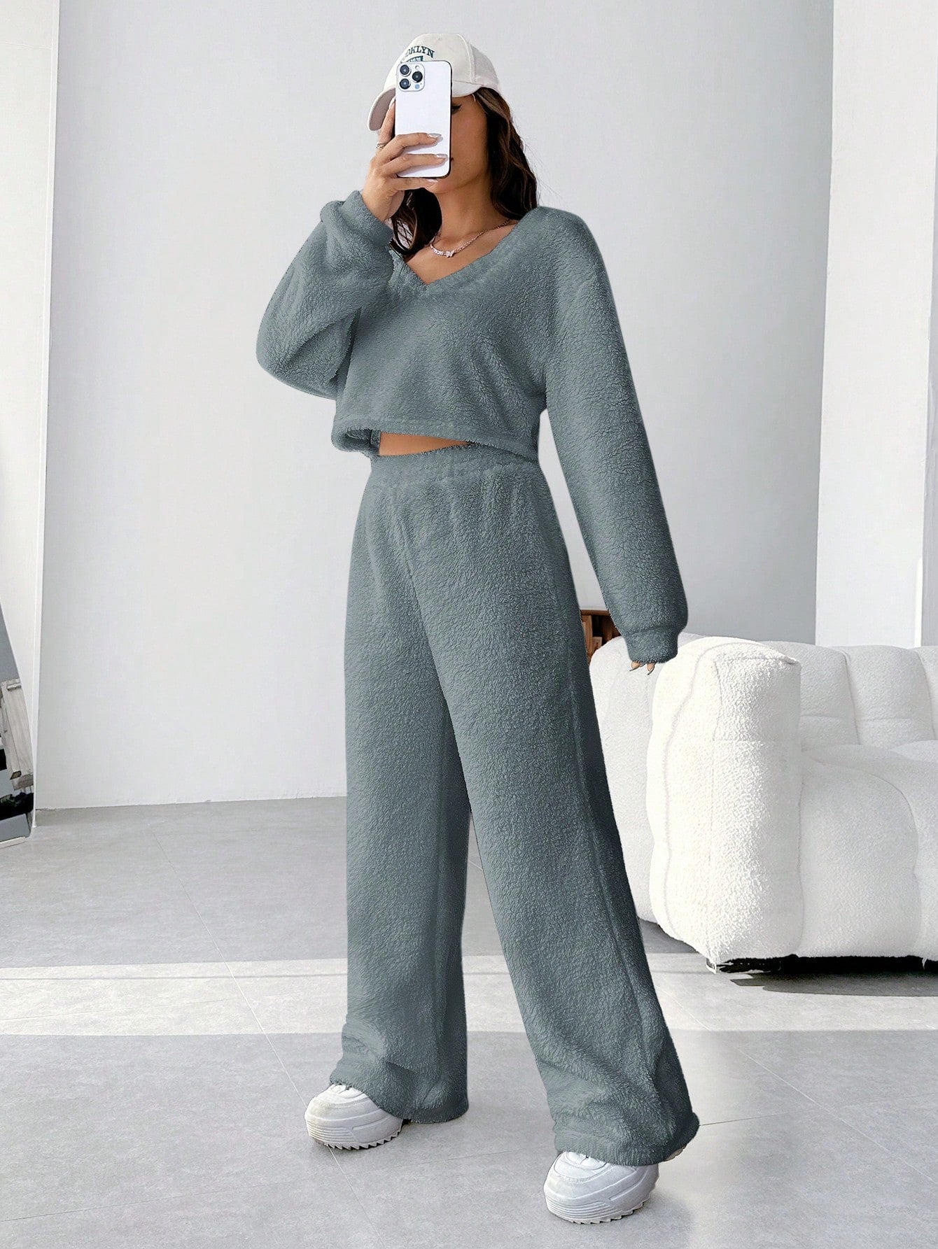 EZwear Plush V-neck Oversized Top And Pants Set