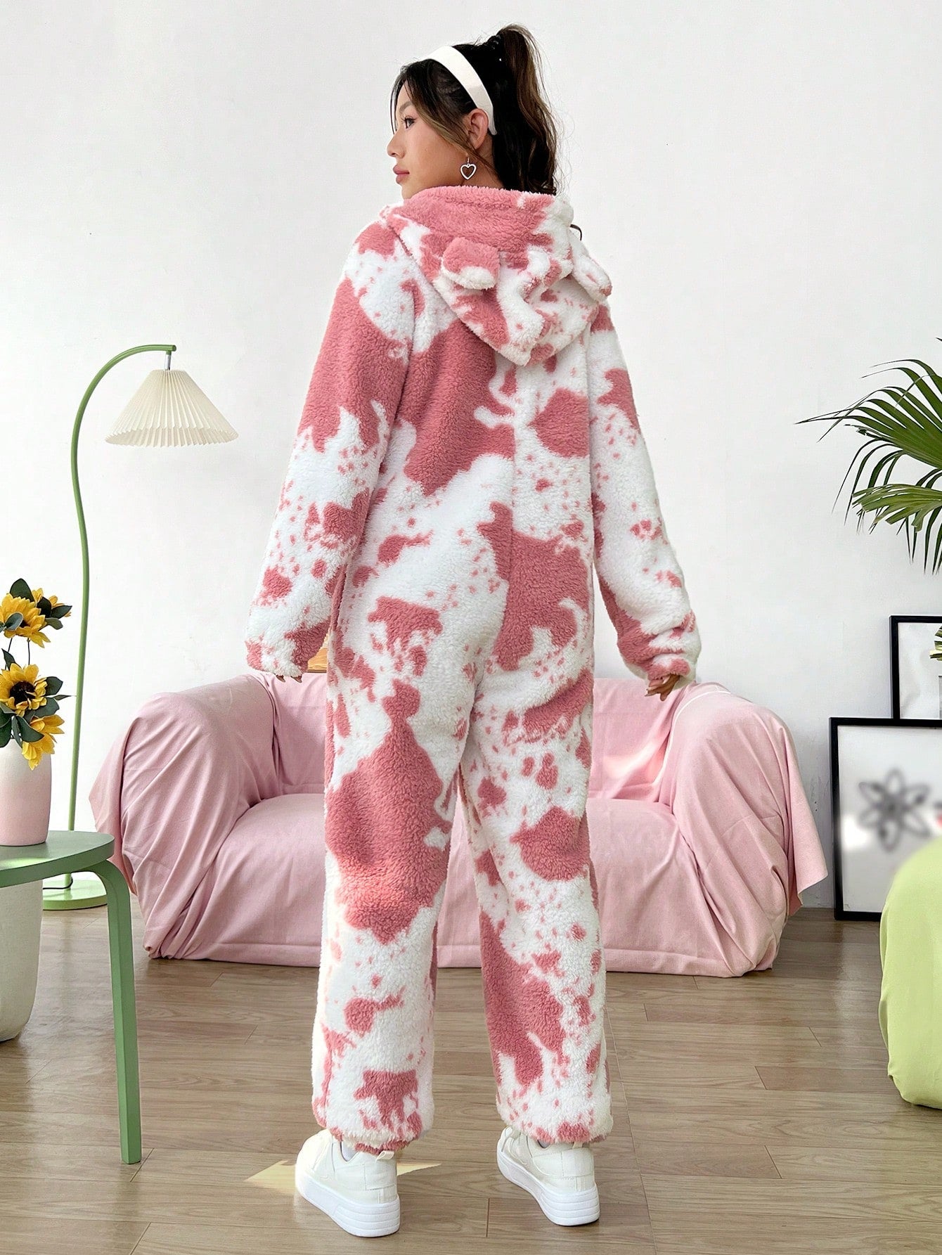 Qutie Cow Pattern 3D Ear Design Hooded Zipper Flannel Jumpsuit