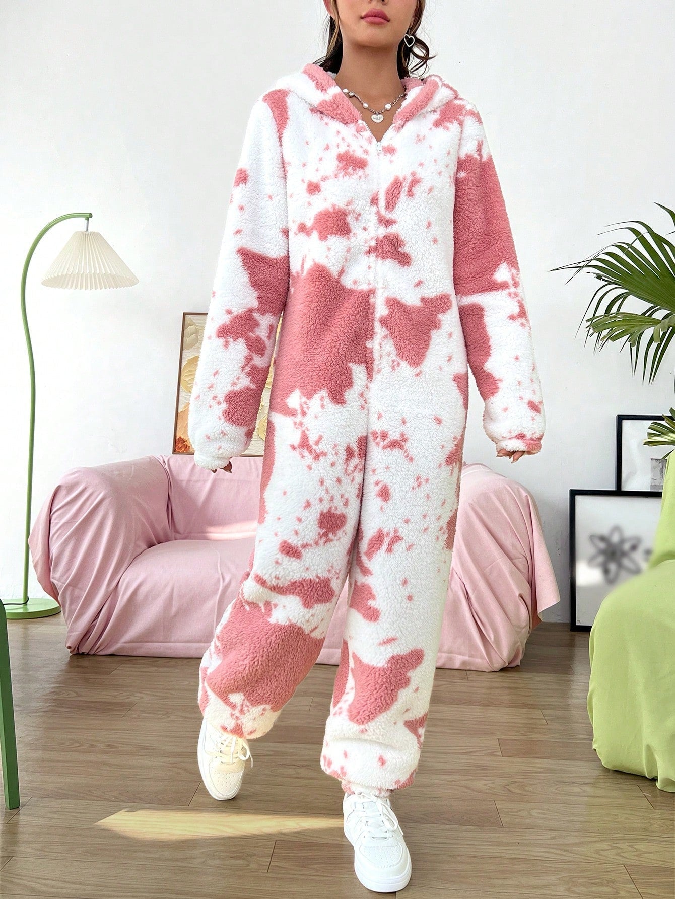 Qutie Cow Pattern 3D Ear Design Hooded Zipper Flannel Jumpsuit