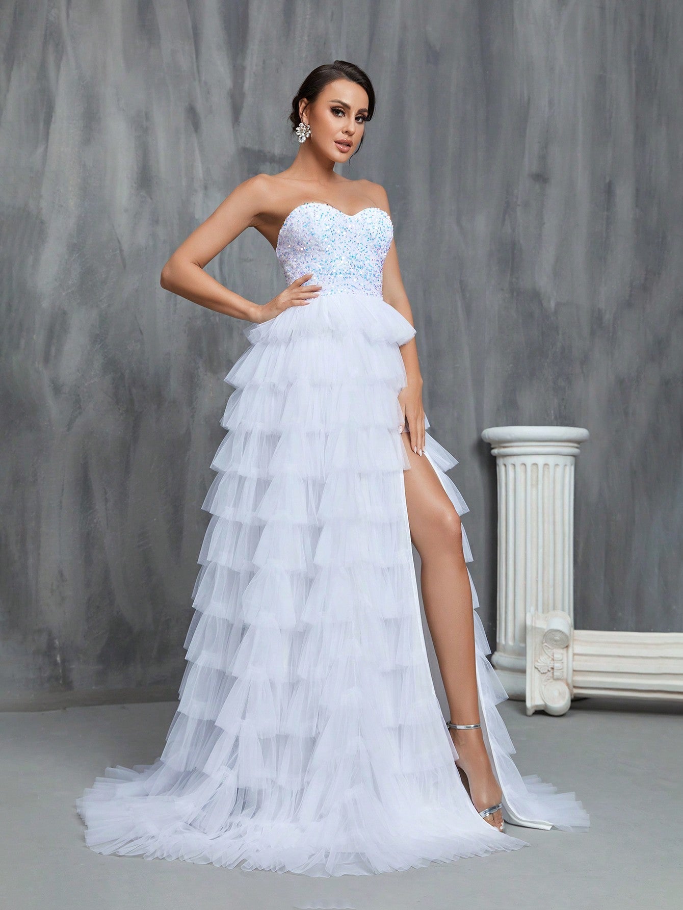 Contrast Sequin Split Thigh Prom Dress