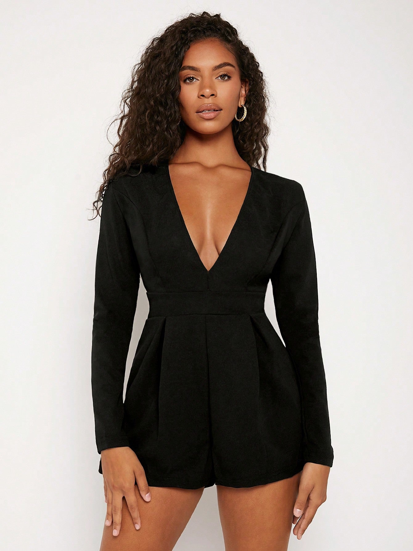 BAE Plunging Neck Boxy Pleated Romper