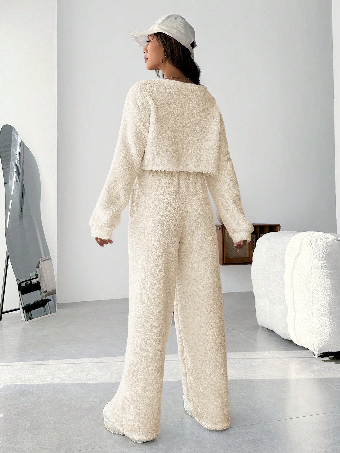 EZwear Plush V-neck Oversized Top And Pants Set