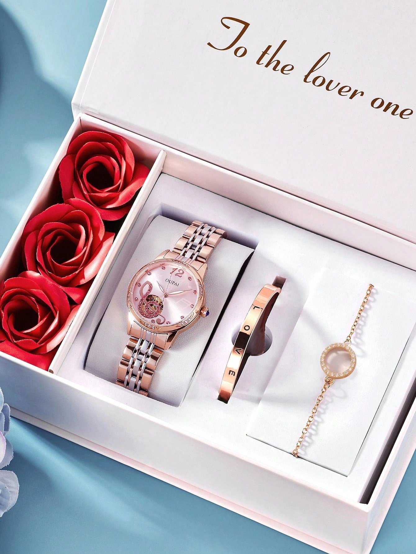 Europa 1pc Gift Set With Watch, Bracelet, Soap, Roses For Women With Gold-color Frame, Stainless Steel Strap, Leisure And Elegant, Suitable For Dating And Gathering