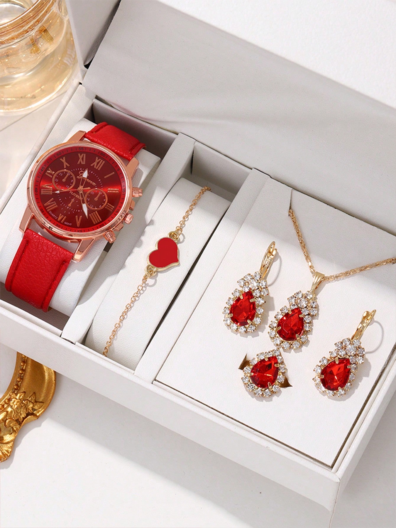 6pcs/Set Fashionable Personalized Red Leather Quartz Watch & Pendant Necklace & Earrings & Bracelet Jewelry Set For Women