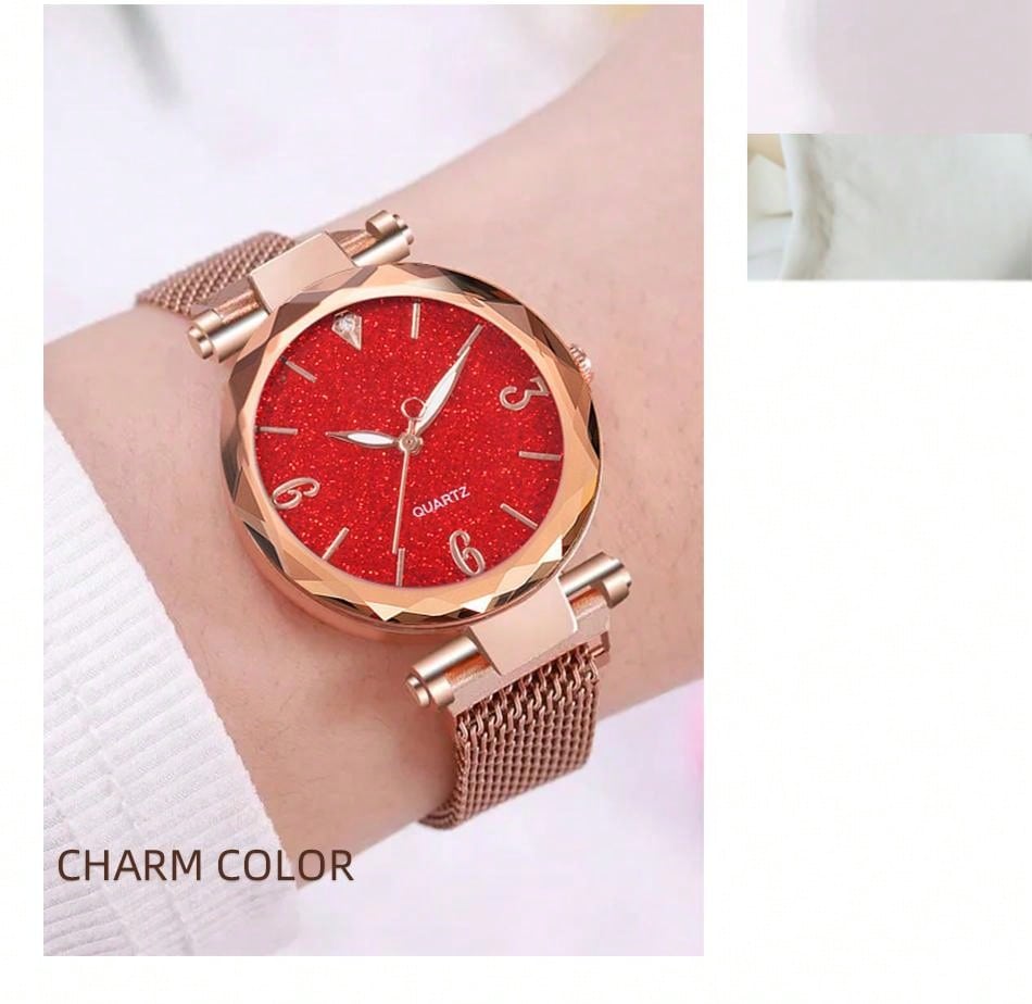 6pcs Luxury Red Mesh Bracelet Women'S Quartz Watch, Diamond Inlaid Pendant Necklace, Earrings, Heart-Shaped Bracelet Ladies' Jewelry Set