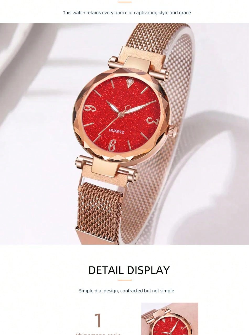 6pcs Luxury Red Mesh Bracelet Women'S Quartz Watch, Diamond Inlaid Pendant Necklace, Earrings, Heart-Shaped Bracelet Ladies' Jewelry Set