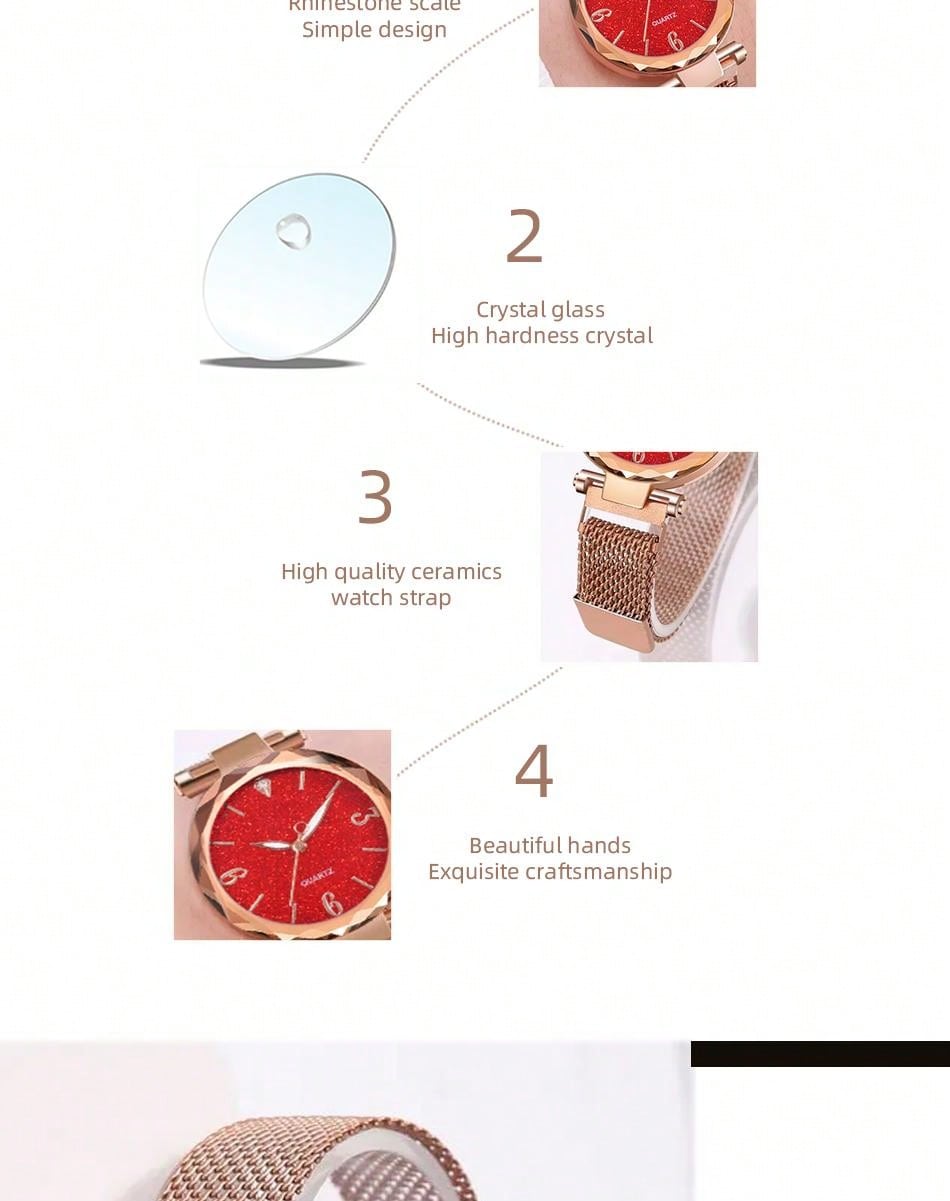 6pcs Luxury Red Mesh Bracelet Women'S Quartz Watch, Diamond Inlaid Pendant Necklace, Earrings, Heart-Shaped Bracelet Ladies' Jewelry Set