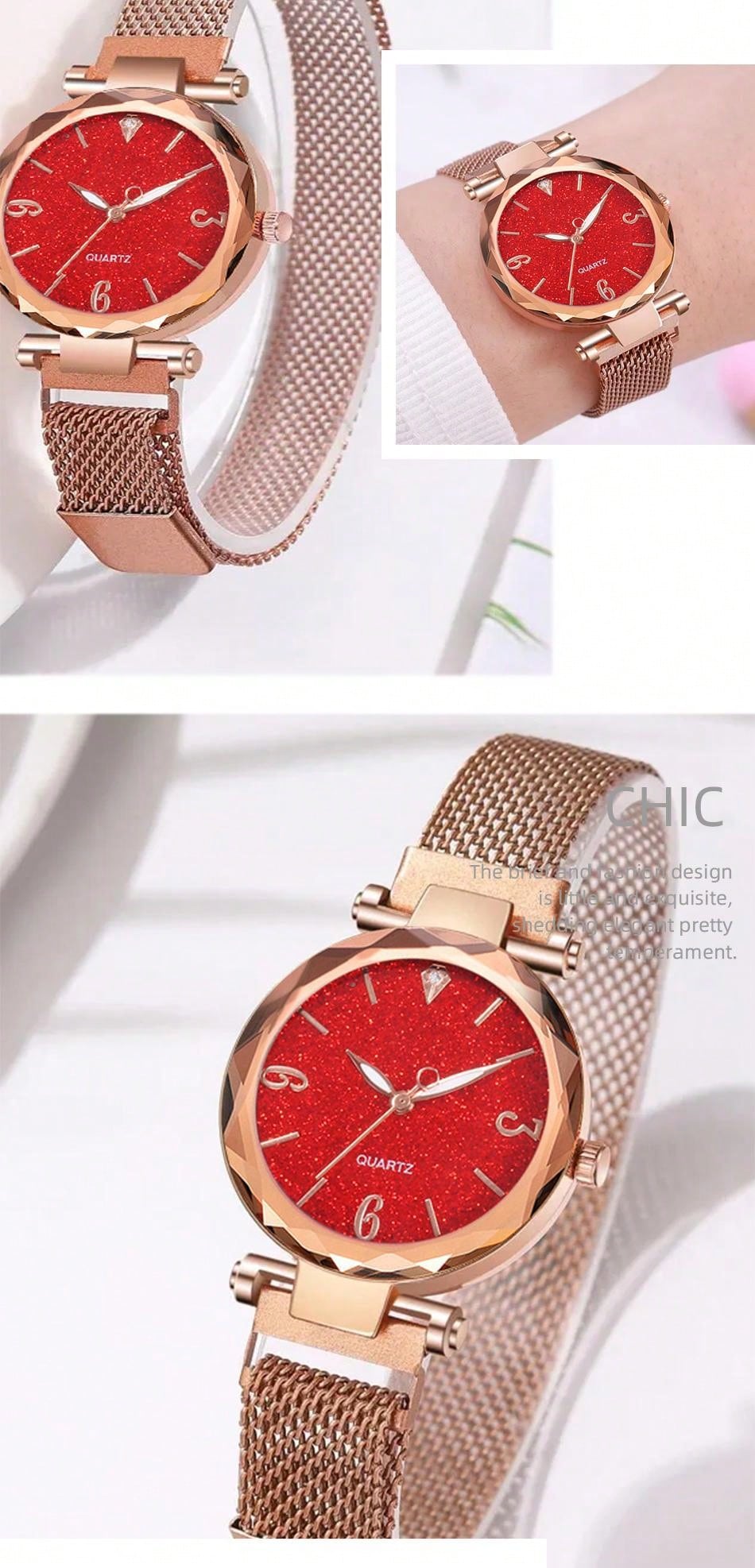 6pcs Luxury Red Mesh Bracelet Women'S Quartz Watch, Diamond Inlaid Pendant Necklace, Earrings, Heart-Shaped Bracelet Ladies' Jewelry Set