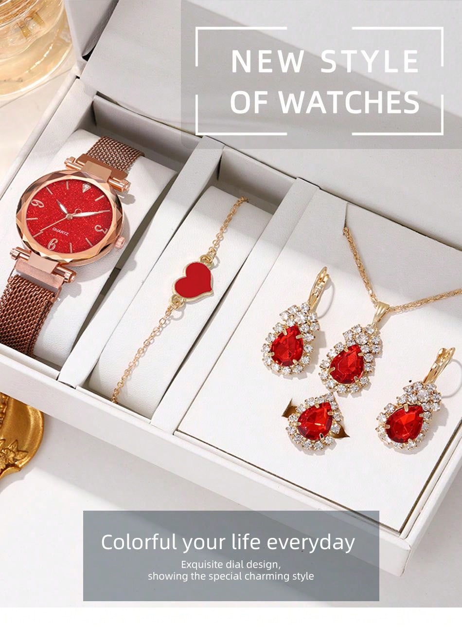 6pcs Luxury Red Mesh Bracelet Women'S Quartz Watch, Diamond Inlaid Pendant Necklace, Earrings, Heart-Shaped Bracelet Ladies' Jewelry Set