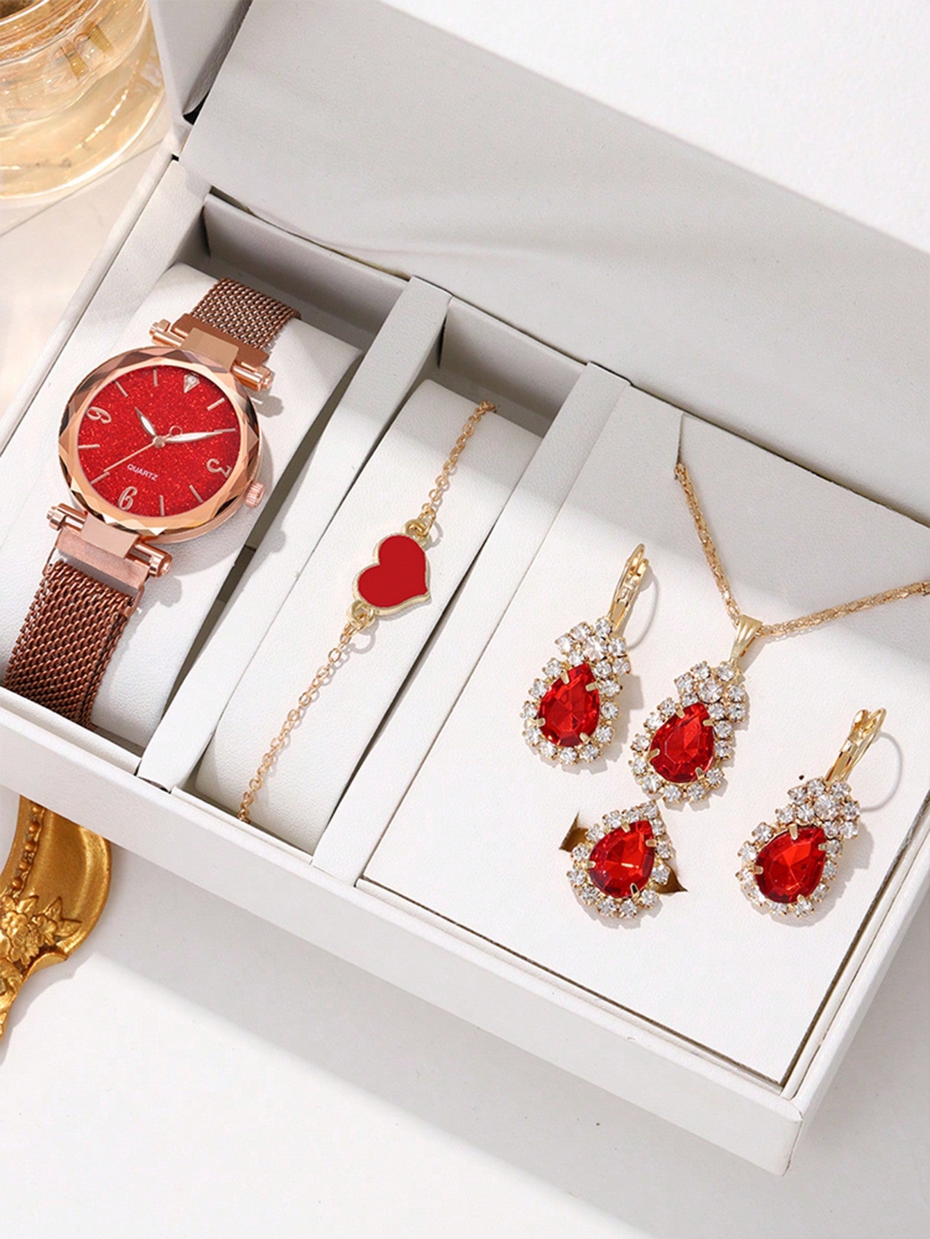 6pcs Luxury Red Mesh Bracelet Women'S Quartz Watch, Diamond Inlaid Pendant Necklace, Earrings, Heart-Shaped Bracelet Ladies' Jewelry Set