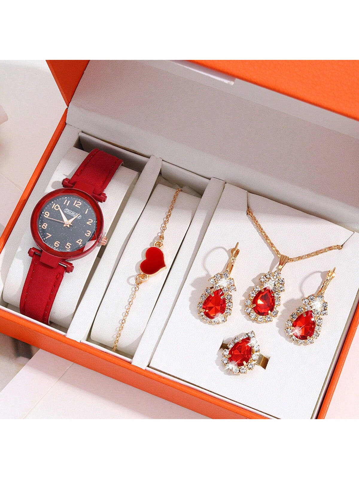 6pcs/Set Luxury Personality Red Leather Quartz Watch, Heart Pendant Bracelet, Stud Earrings, Necklace For Women