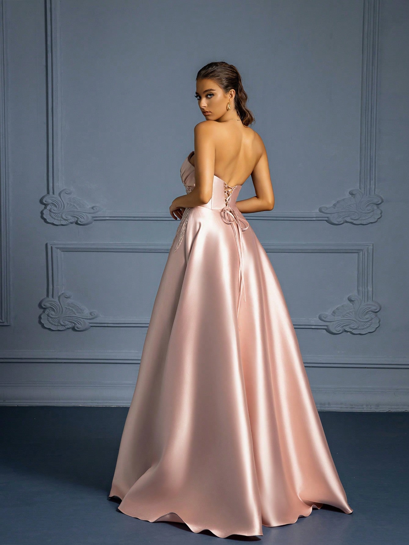 Glitter Sequin Embellished Strapless Formal Dress With High Slit And Back Tie