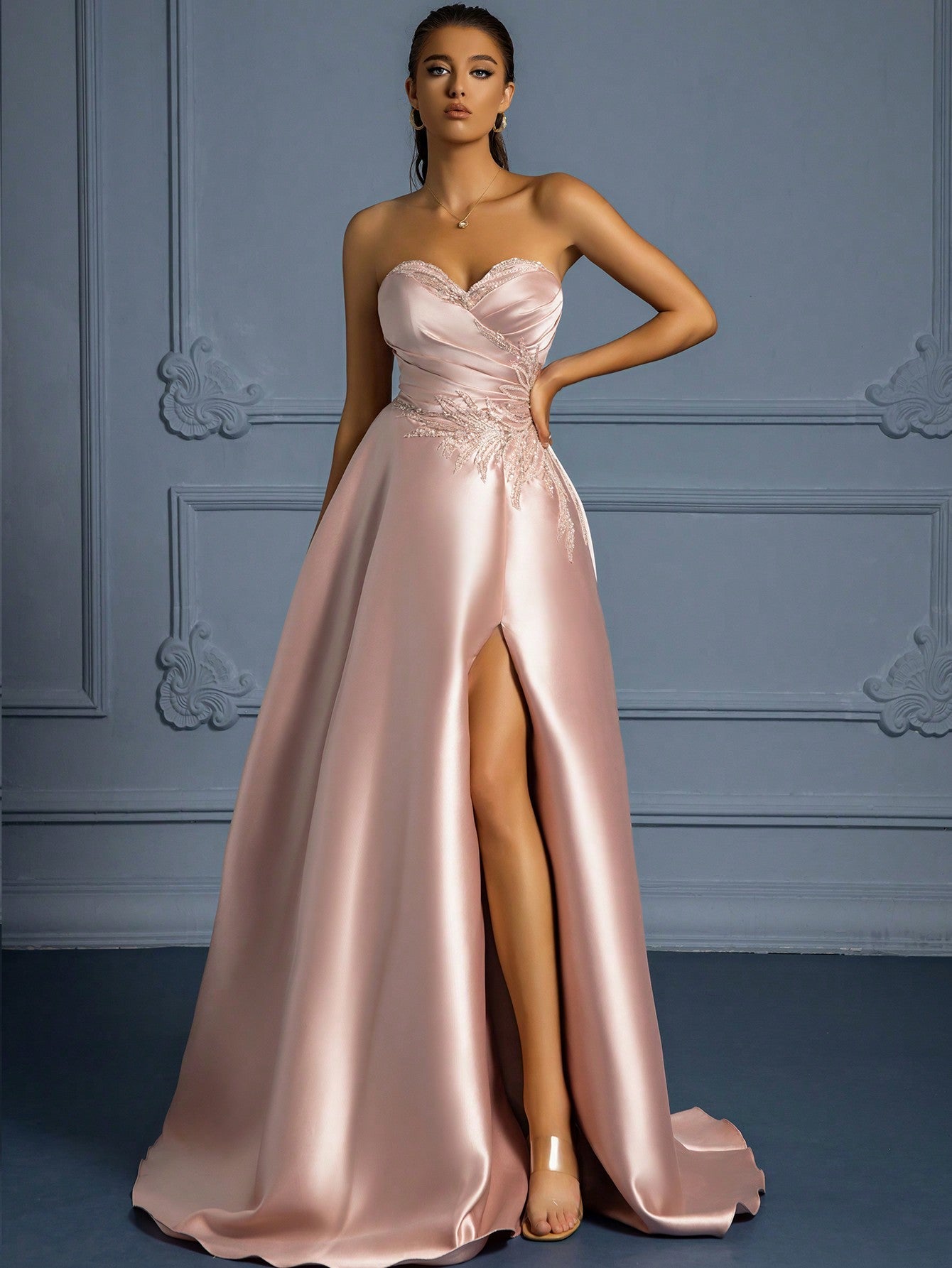 Glitter Sequin Embellished Strapless Formal Dress With High Slit And Back Tie