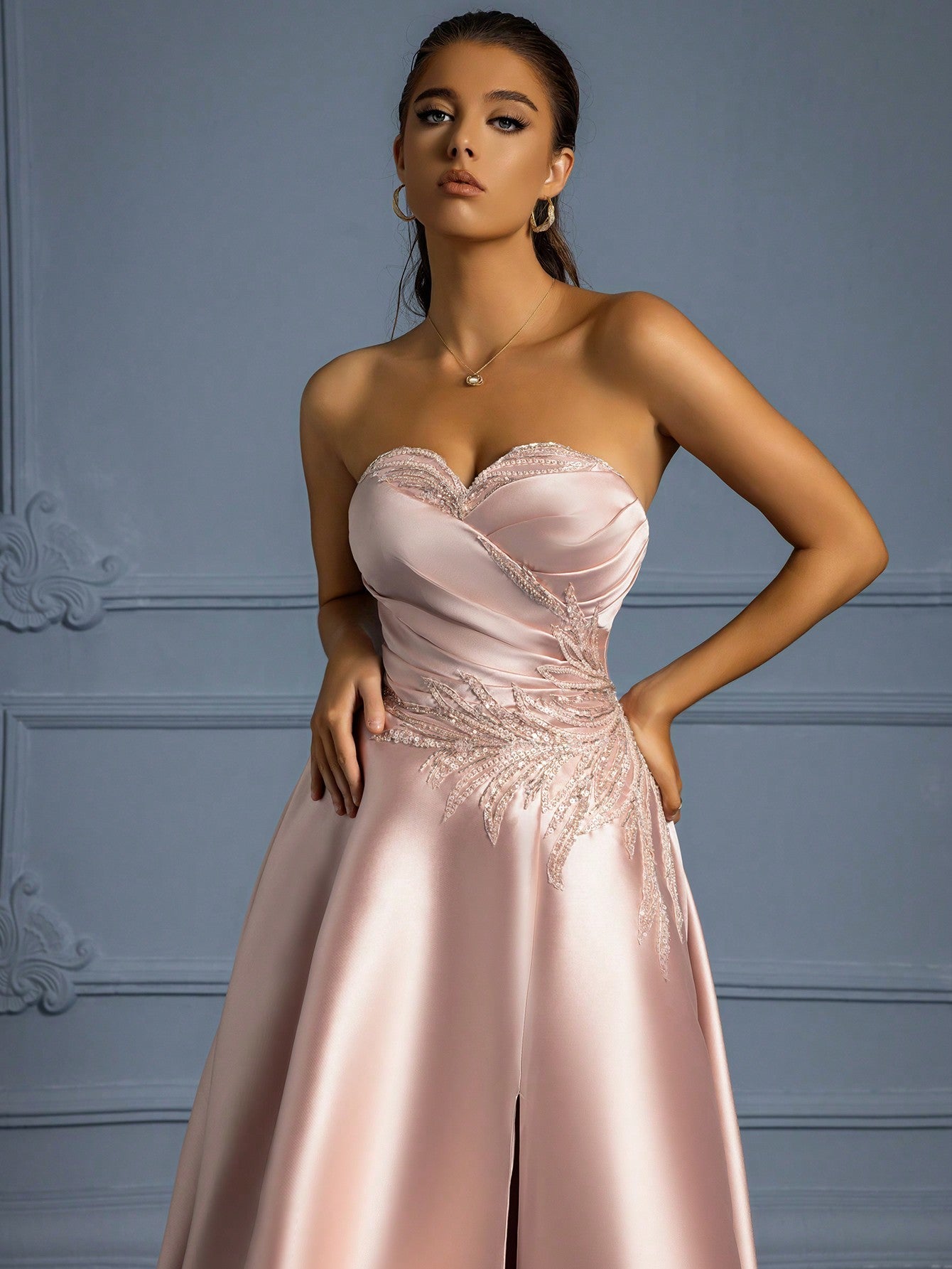 Glitter Sequin Embellished Strapless Formal Dress With High Slit And Back Tie