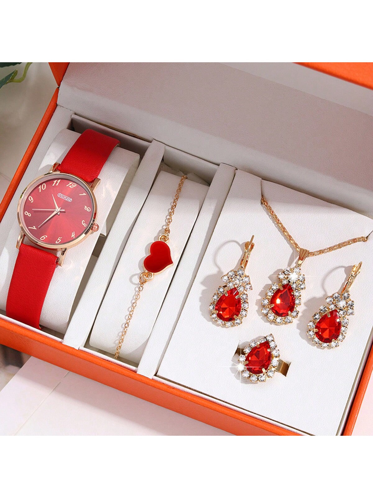 6pcs Personality Luxury Red Leather Women'S Quartz Watch With Inlaid Diamond, Pendant Necklace, Earrings, Heart Shaped Bracelet Ladies' Jewelry Set