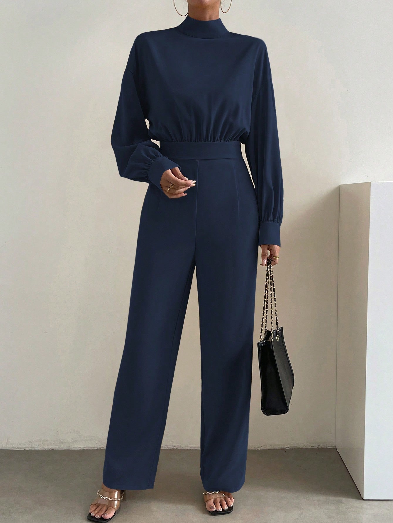 Essnce Mock Neck Lantern Sleeve Wide Leg Jumpsuit