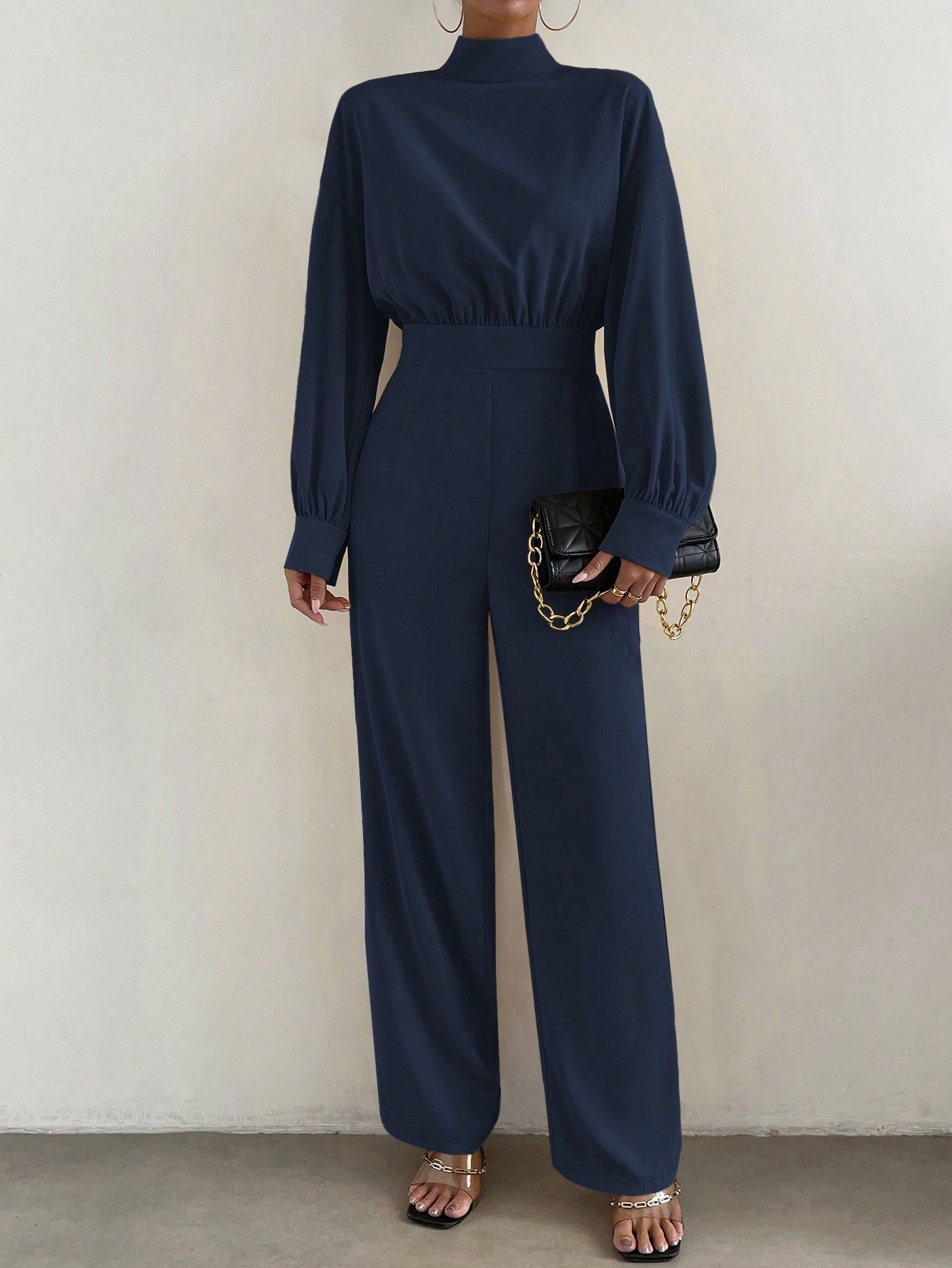 Essnce Mock Neck Lantern Sleeve Wide Leg Jumpsuit