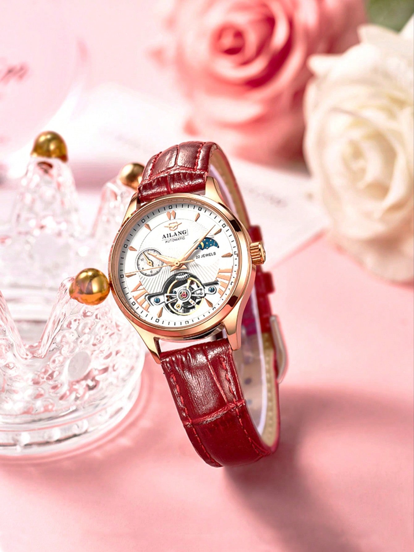 Ladies' Automatic Mechanical Watch With Water Resistance, Night Vision, Moon Phase And Flying Wheel Design