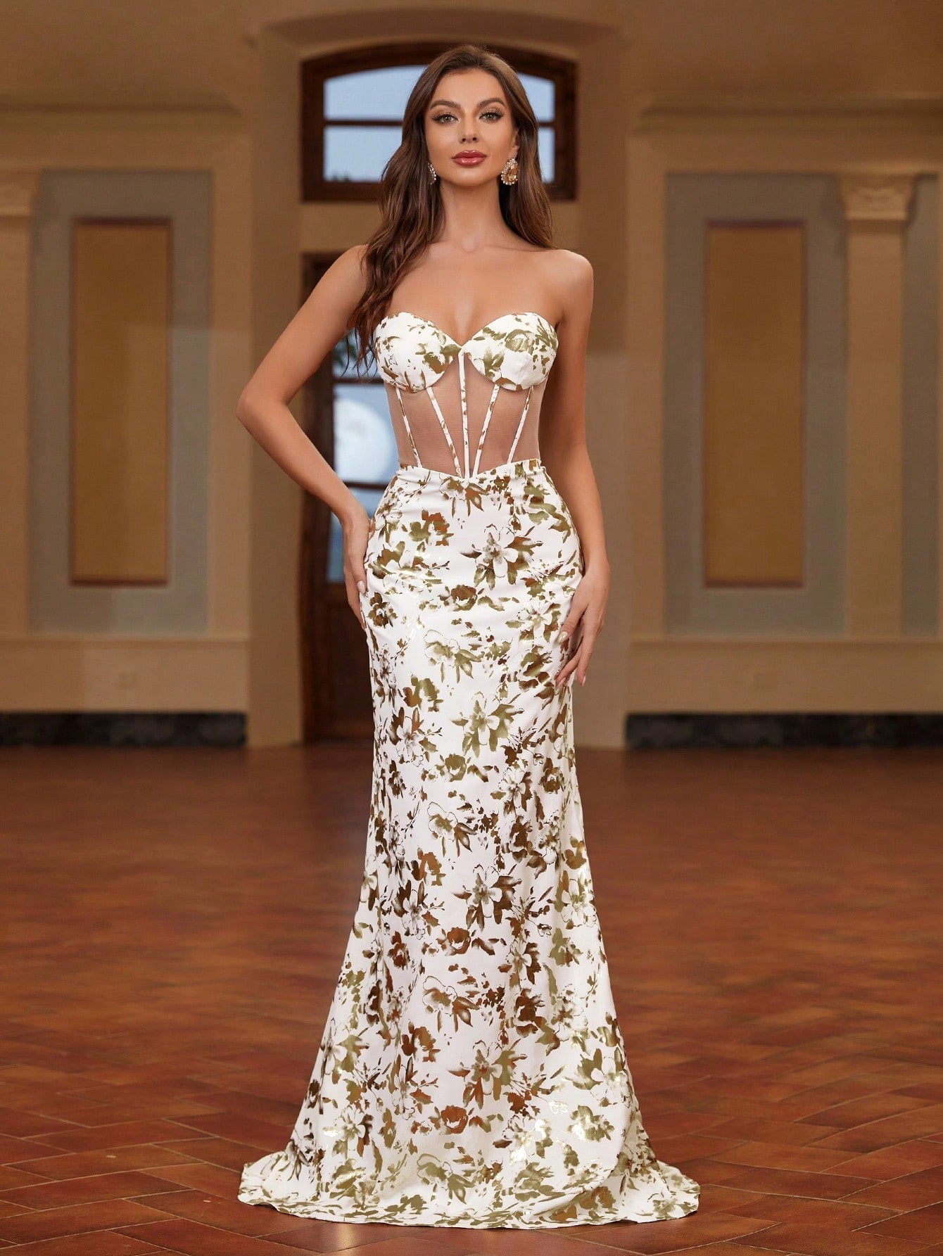 Belle Golden Printed, Perspective, Mermaid Evening Dress For Women, Featuring Fishbone And Strapless Design