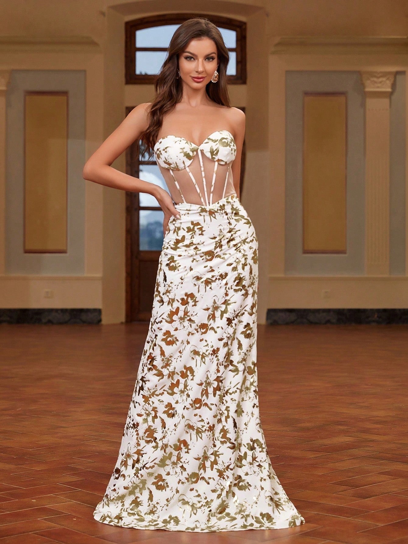 Belle Golden Printed, Perspective, Mermaid Evening Dress For Women, Featuring Fishbone And Strapless Design