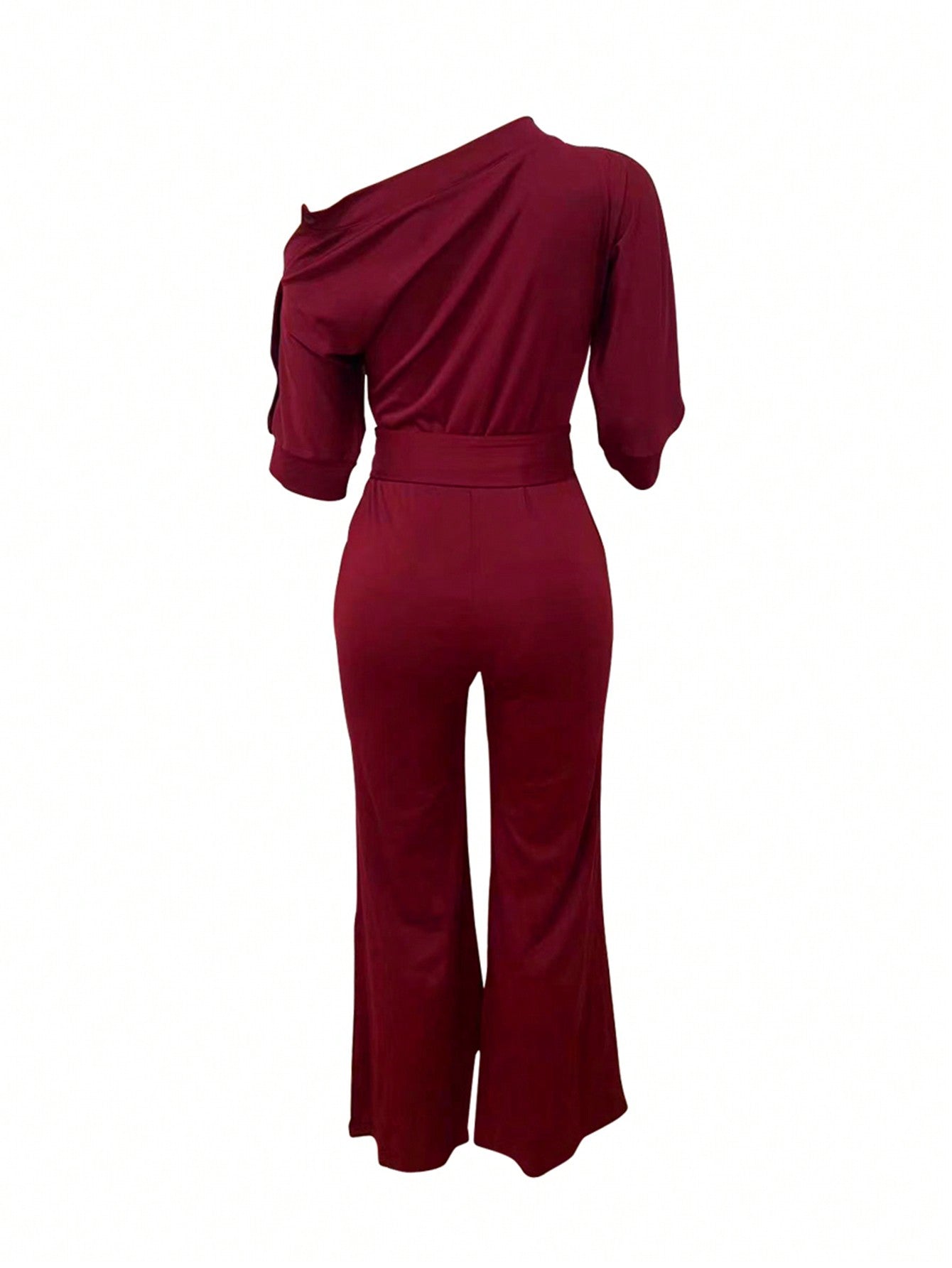 Solid Asymmetrical Neck Belted Jumpsuit