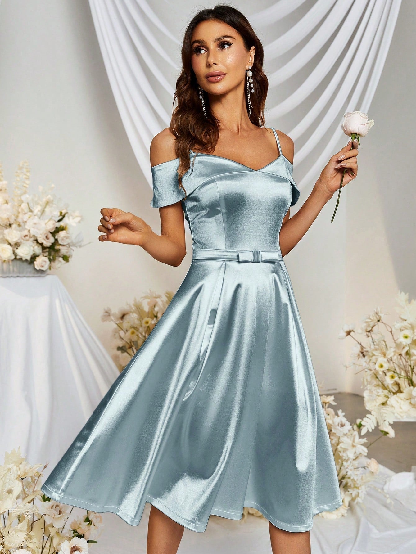 MUXXN Vintage 1950's Cold Shoulder Satin A-line Bridesmaid Dress