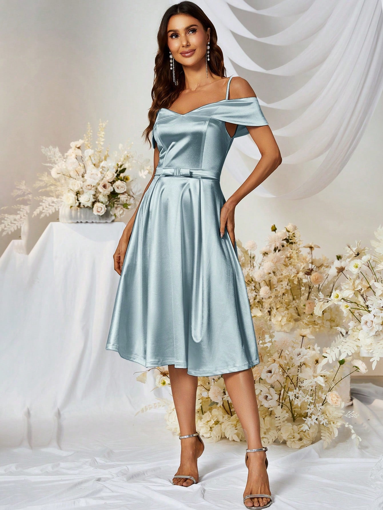 MUXXN Vintage 1950's Cold Shoulder Satin A-line Bridesmaid Dress