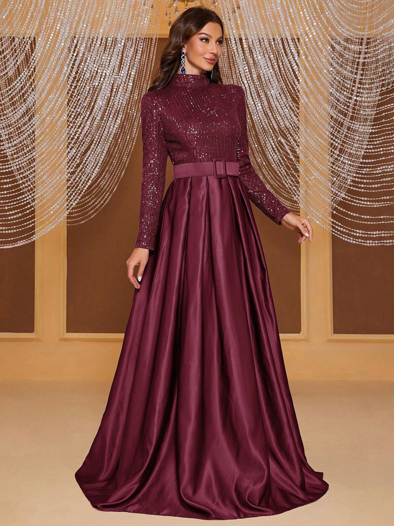 Giffniseti Long Sleeve High Neck Sequin Panel & Pleated Evening Dress (With Belt)