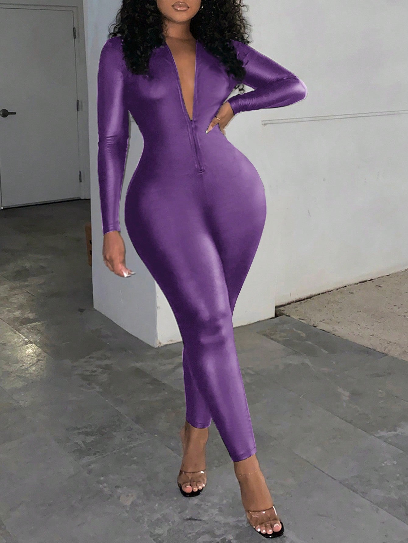 Slayr Women's Front Zipper Long Sleeve Bodycon Jumpsuit