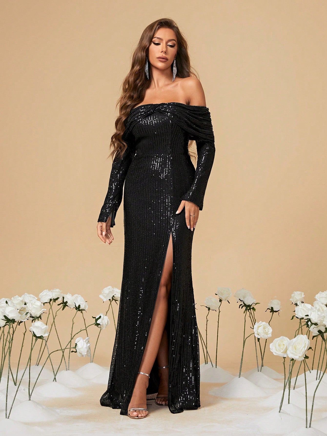 Irregular Lapel High Slit Long Sleeves Sequin Off Shoulder Dress