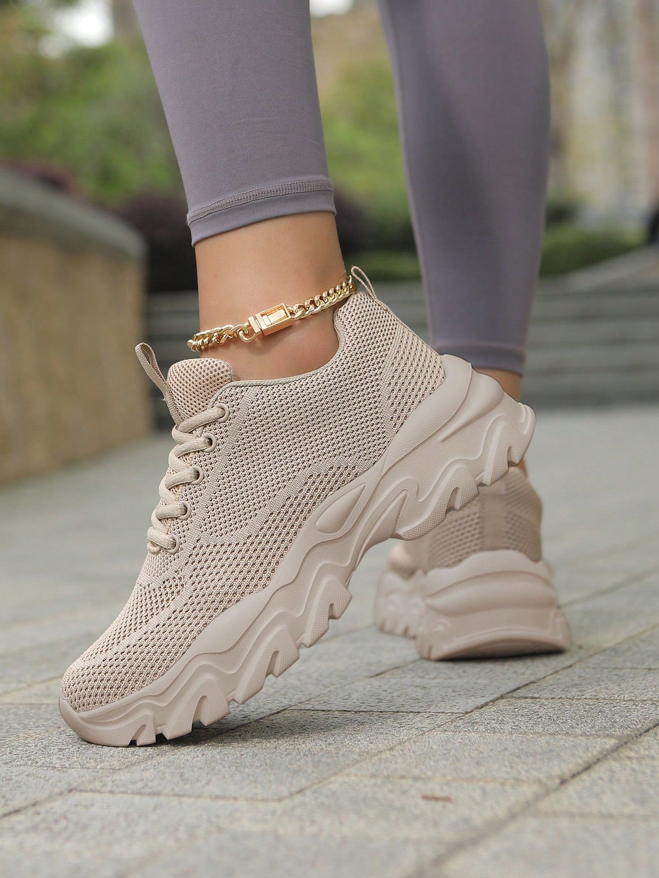 Women Minimalist Knit Detail Lace-Up Front Chunky Breathable Shoes