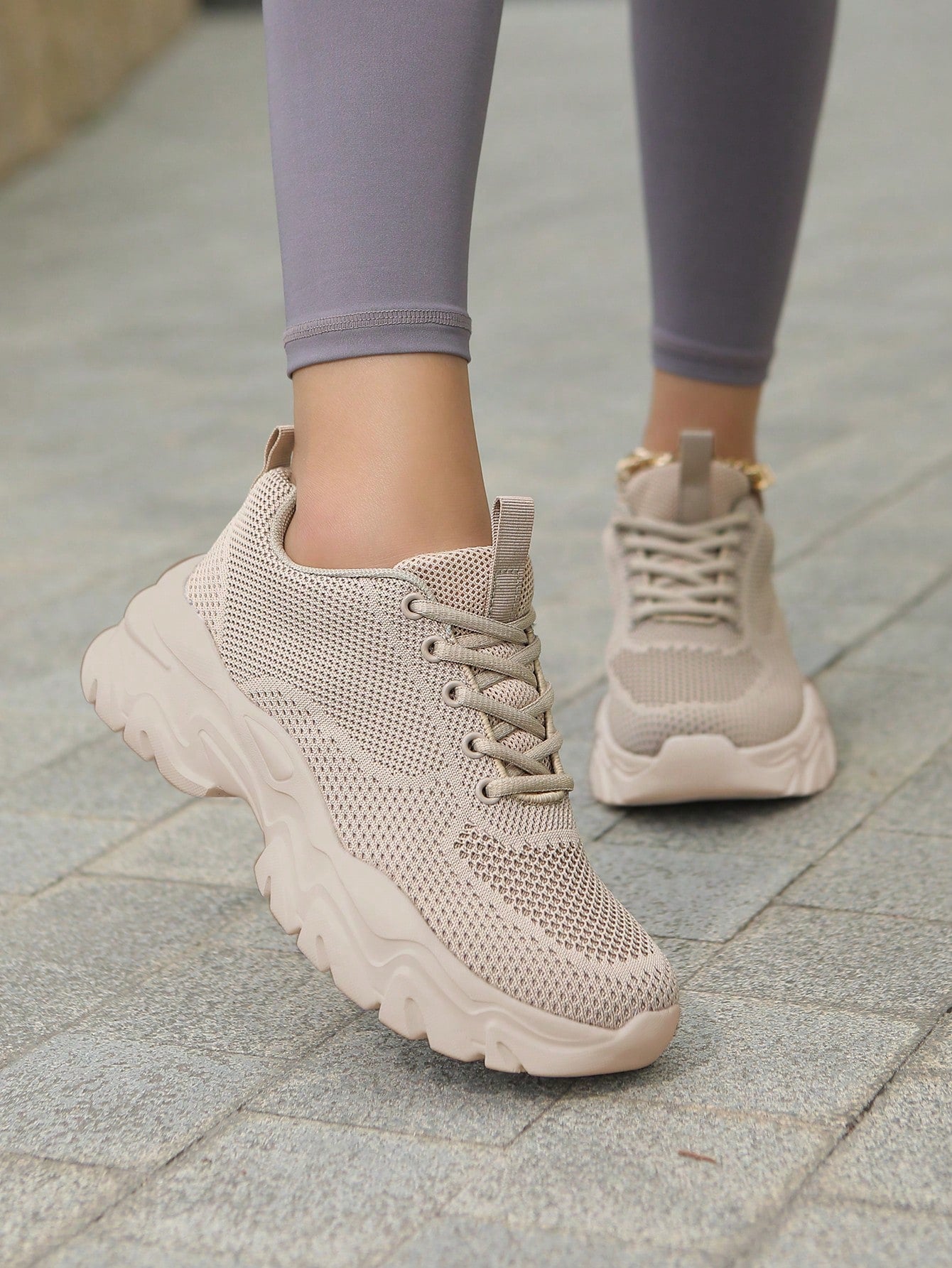 Women Minimalist Knit Detail Lace-Up Front Chunky Breathable Shoes