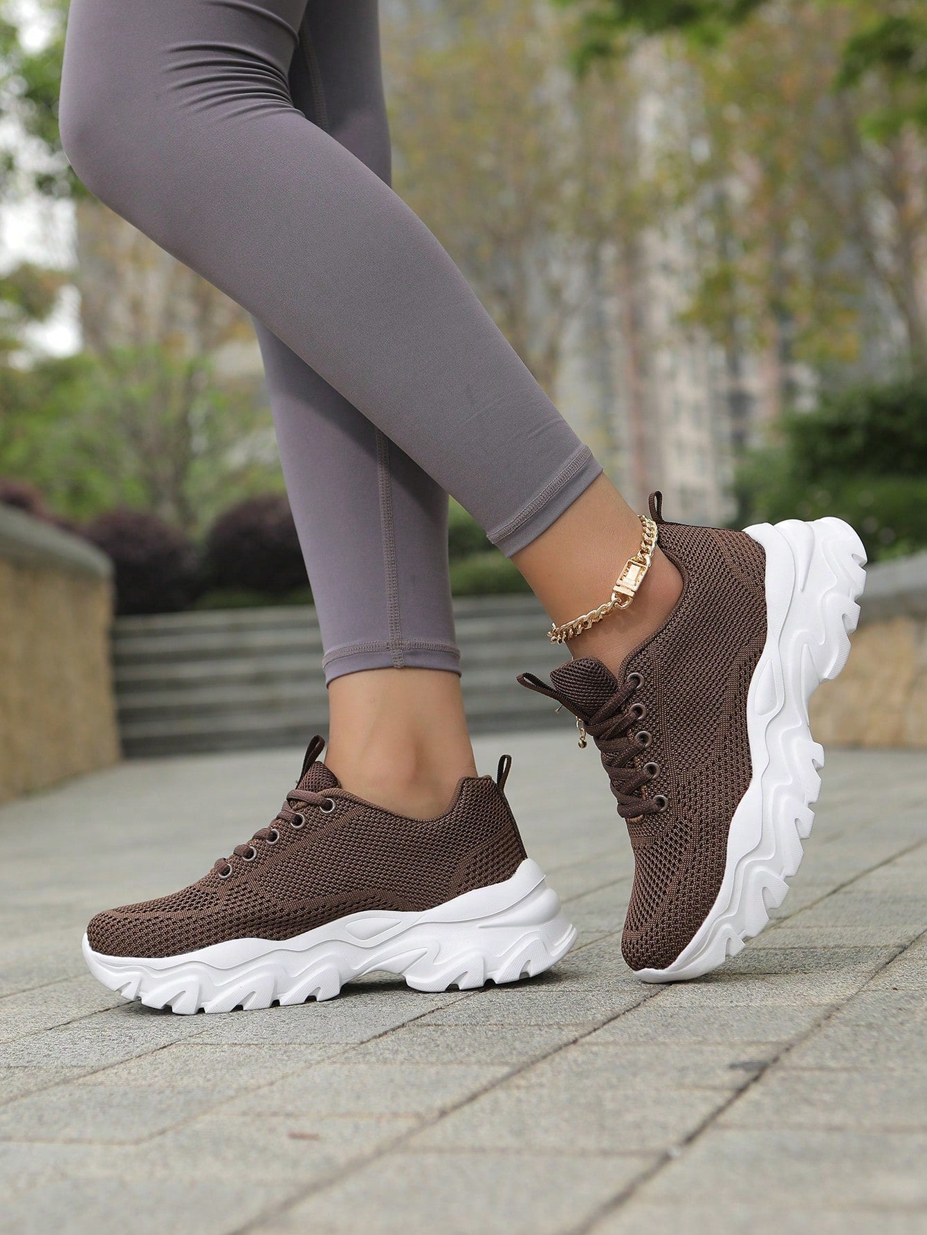 Women Minimalist Knit Detail Lace-Up Front Chunky Breathable Shoes