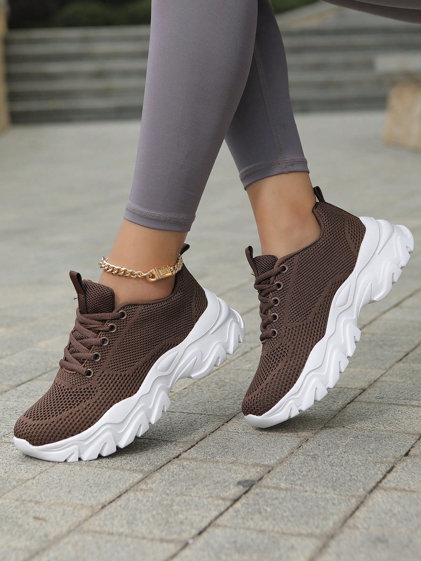 Women Minimalist Knit Detail Lace-Up Front Chunky Breathable Shoes