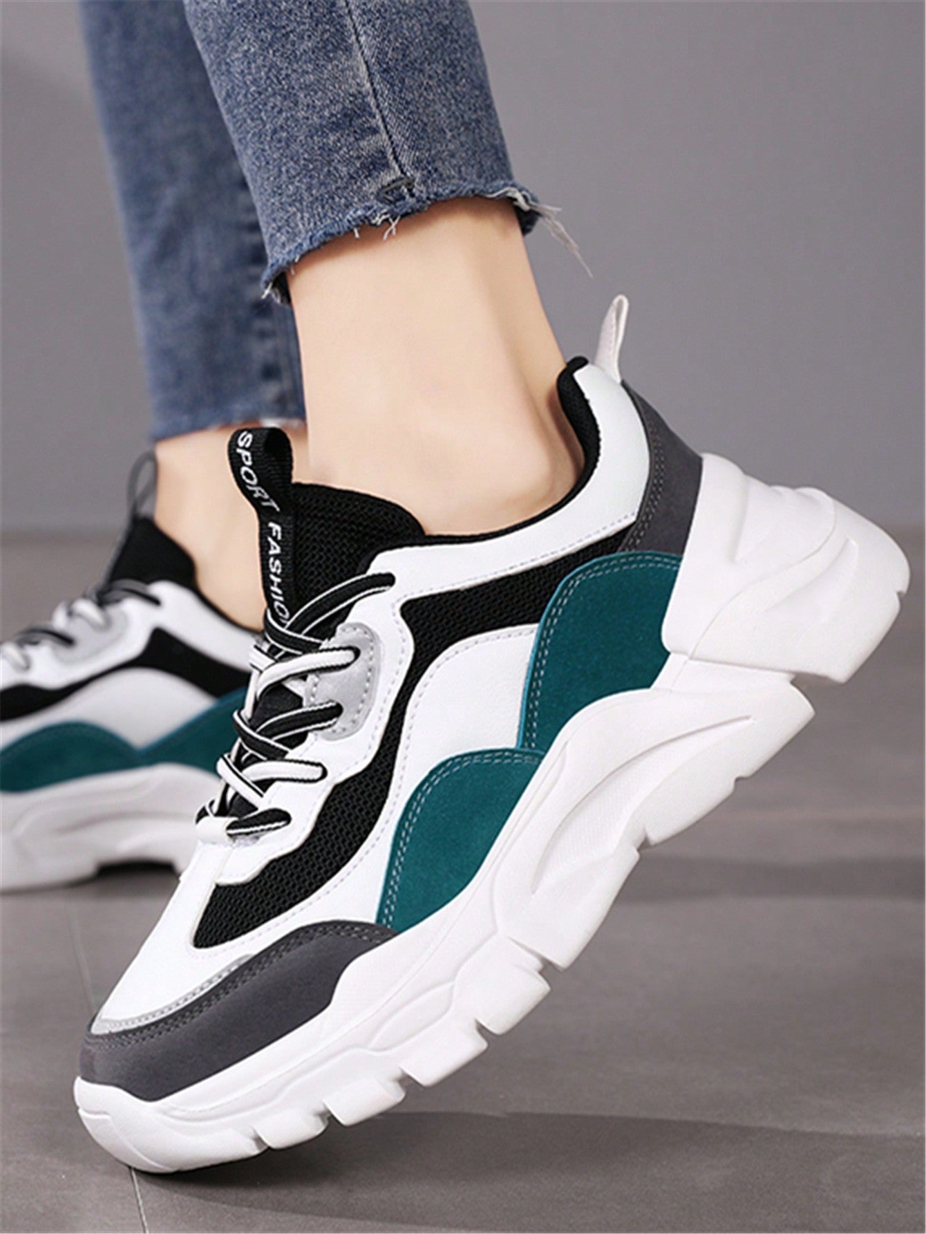 Sporty Sneakers For Women, Two Tone Letter Patch Decor Lace-up Front Chunky Sneakers