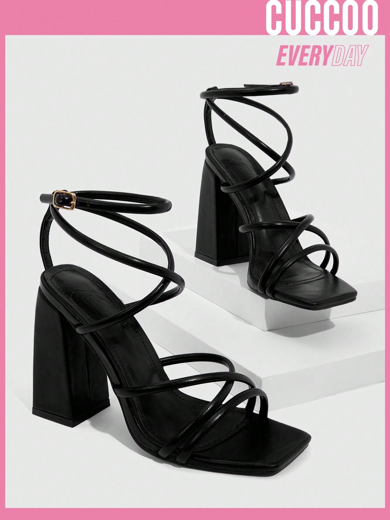 Cuccoo Everyday Collection Women Criss Cross Buckle Decor Chunky Heeled Sandals, Elegant Black Ankle Strap Sandals For Summer