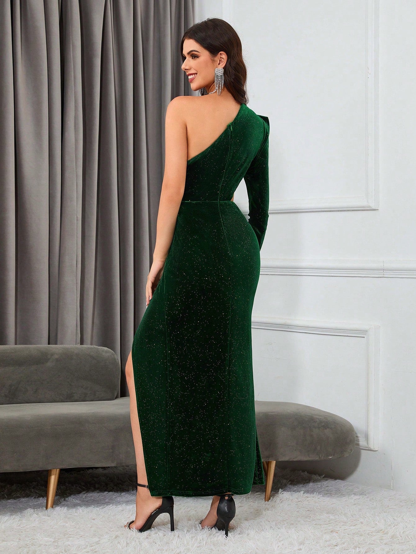 Double Crazy Ladies' One Shoulder Long Sleeve High Slit Evening Formal Dress (thick Material)