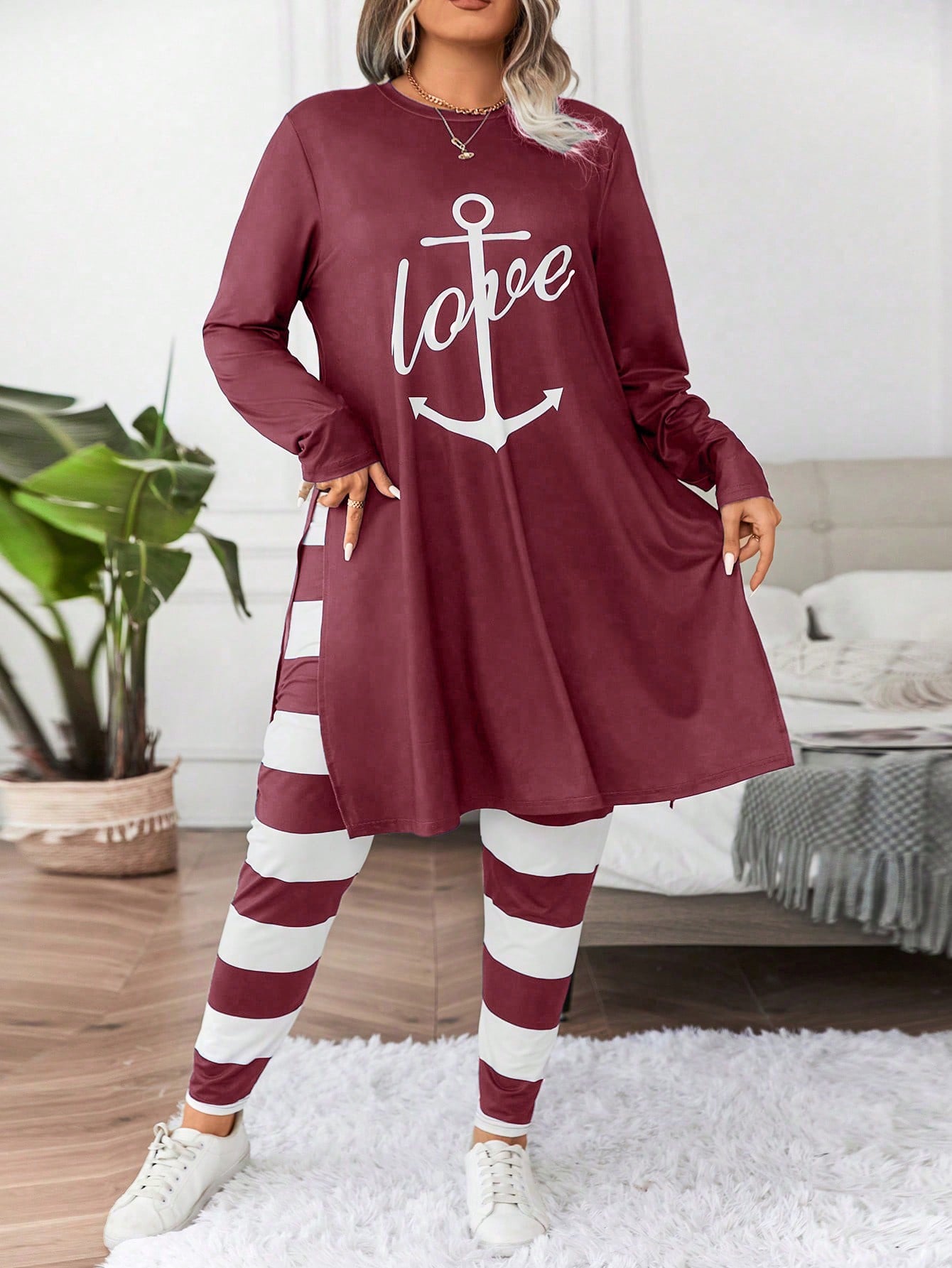 Essnce Plus Anchor & Letter Graphic Split Hem Tee & Striped Leggings