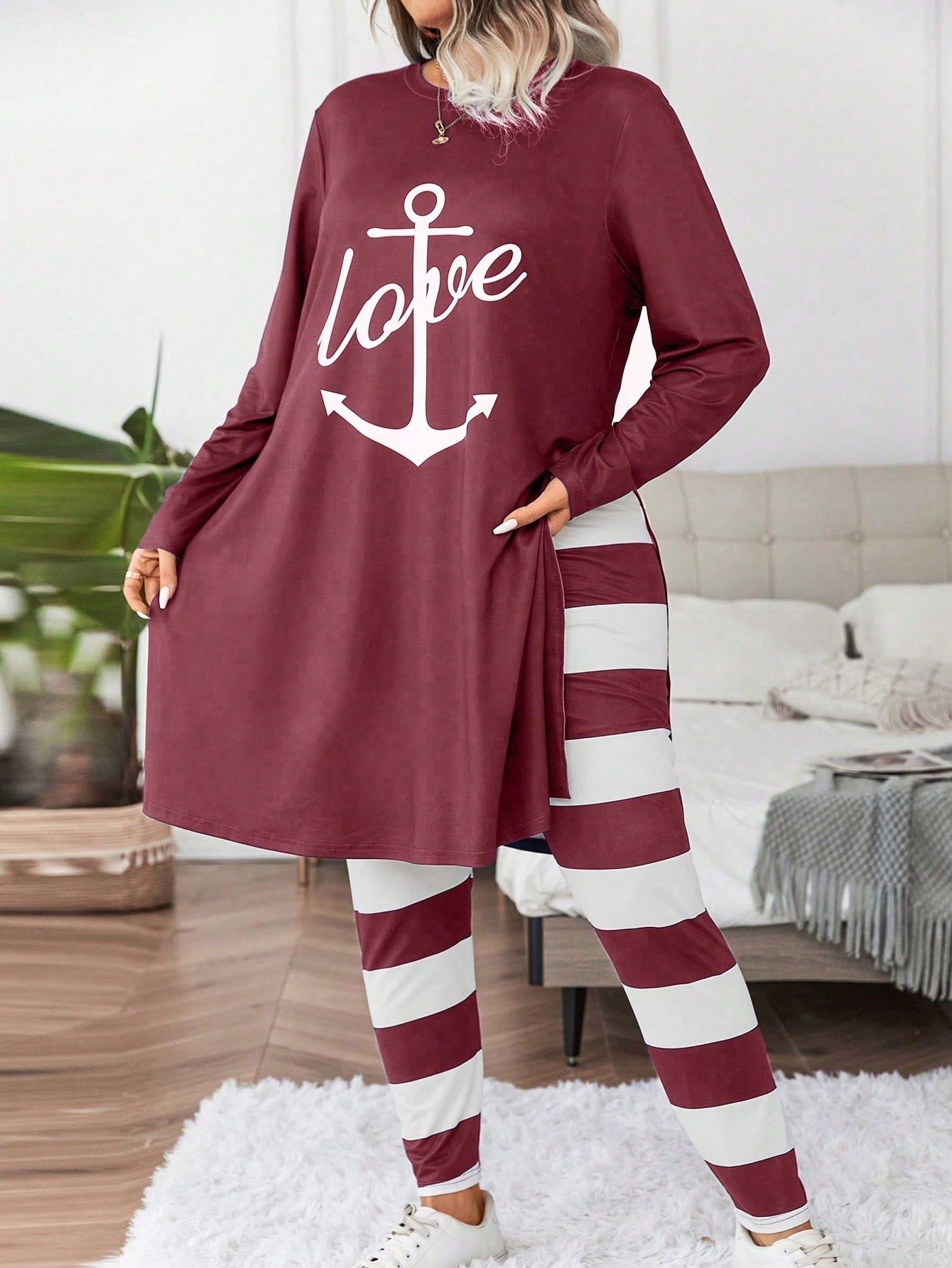 Essnce Plus Anchor & Letter Graphic Split Hem Tee & Striped Leggings