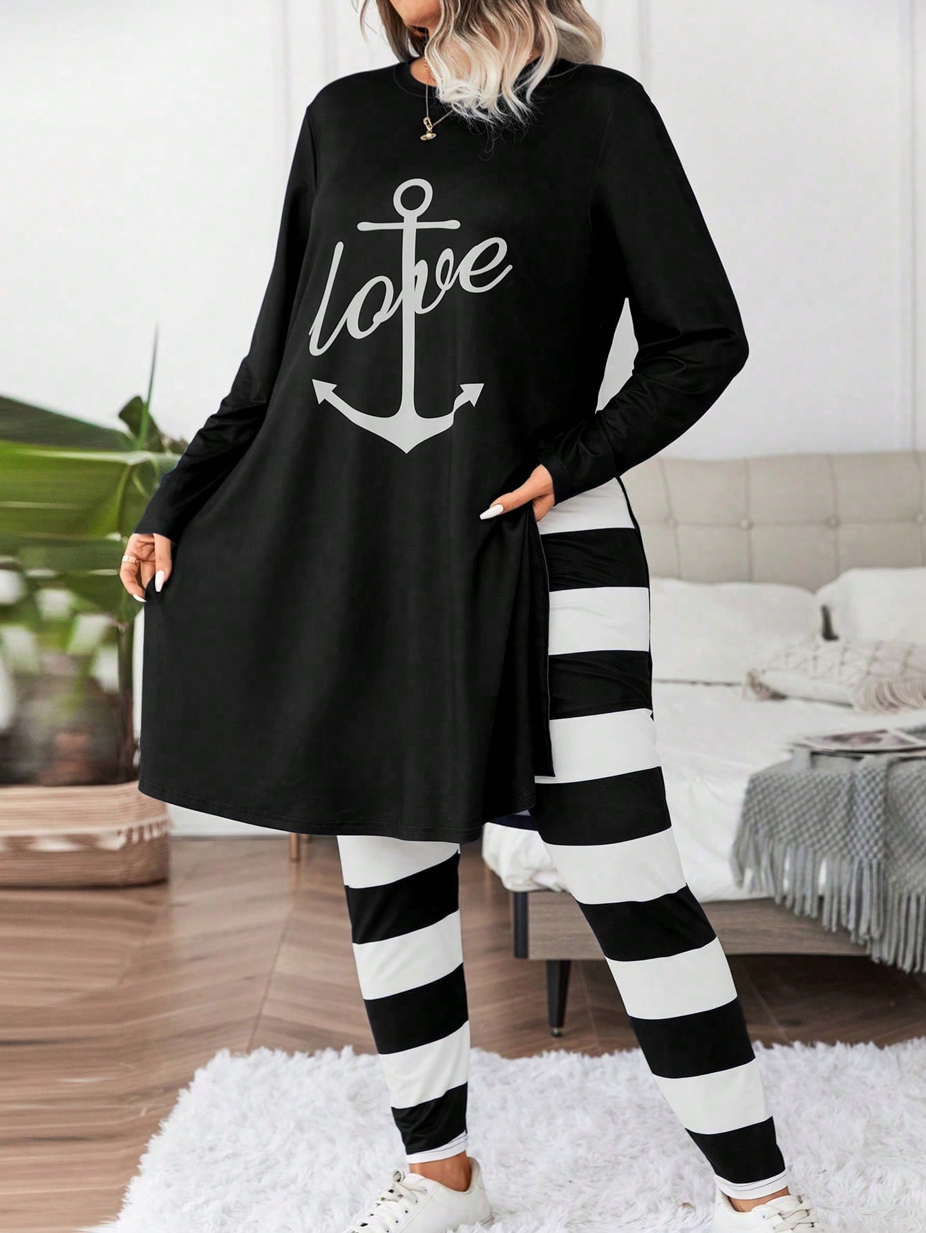 Essnce Plus Anchor & Letter Graphic Split Hem Tee & Striped Leggings